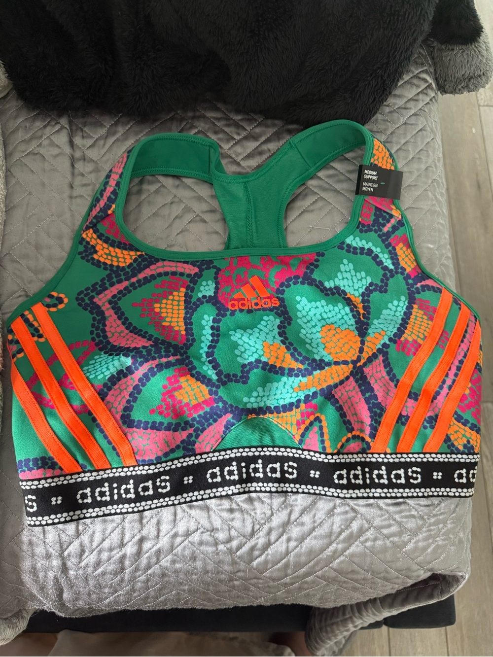 adidas Green Floral Racerback Sports Bra with Pink and Orange Accents